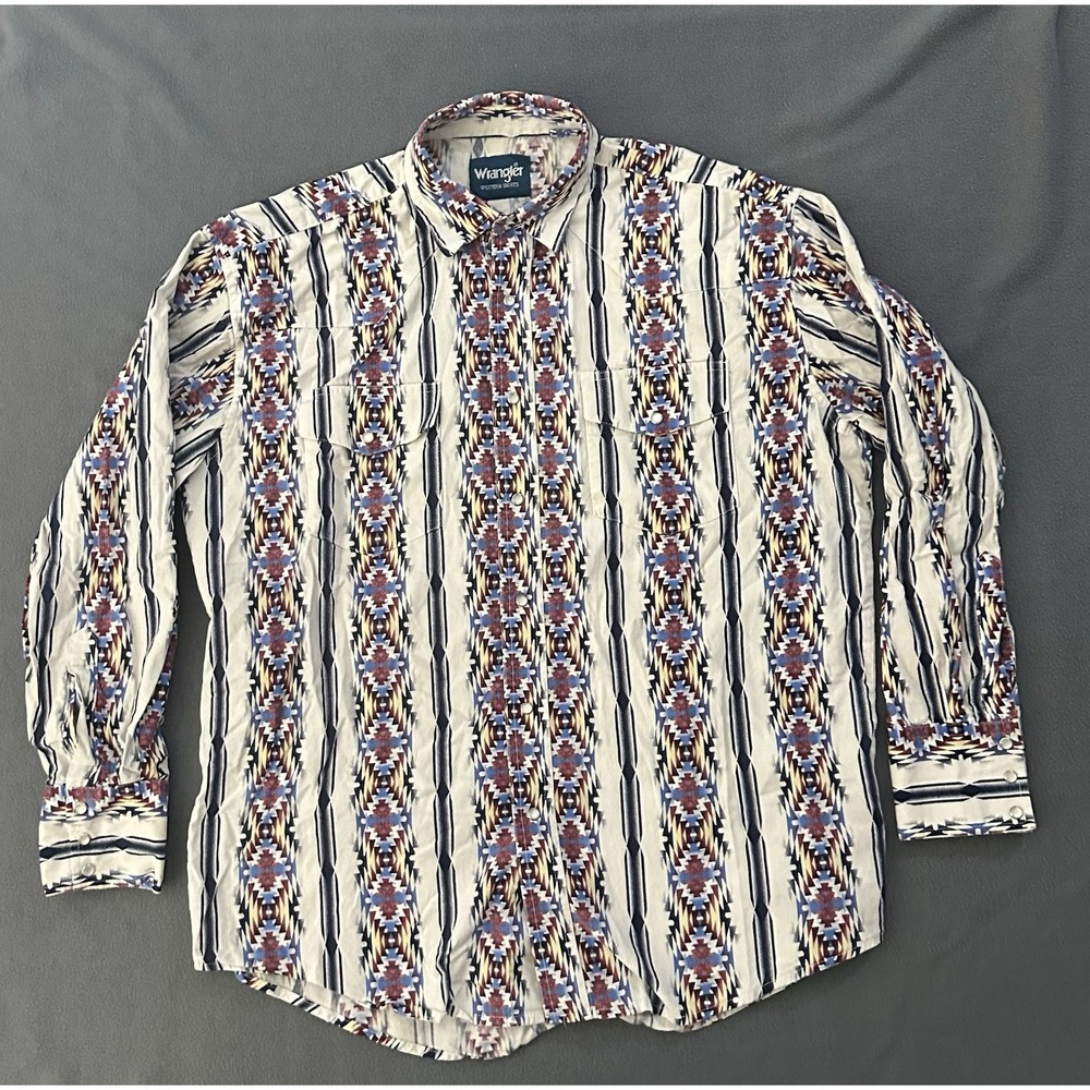 VTG 90's Wrangler Brushpopper Pearl Snap Aztec Western Shirt Large